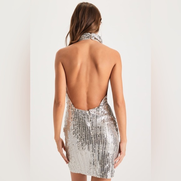 Lulus Glam Behavior Beige Silver Sequin Mock Neck Mini Dress Women’s M NWT - Picture 3 of 8